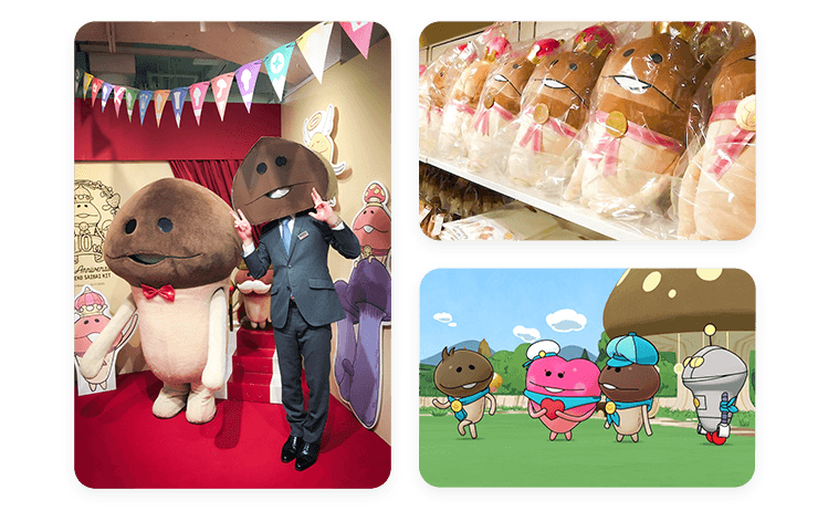 キャラクター利用の例。リアルイベントに着ぐるみで登場、ぬいぐるみの商品化、アニメ化。